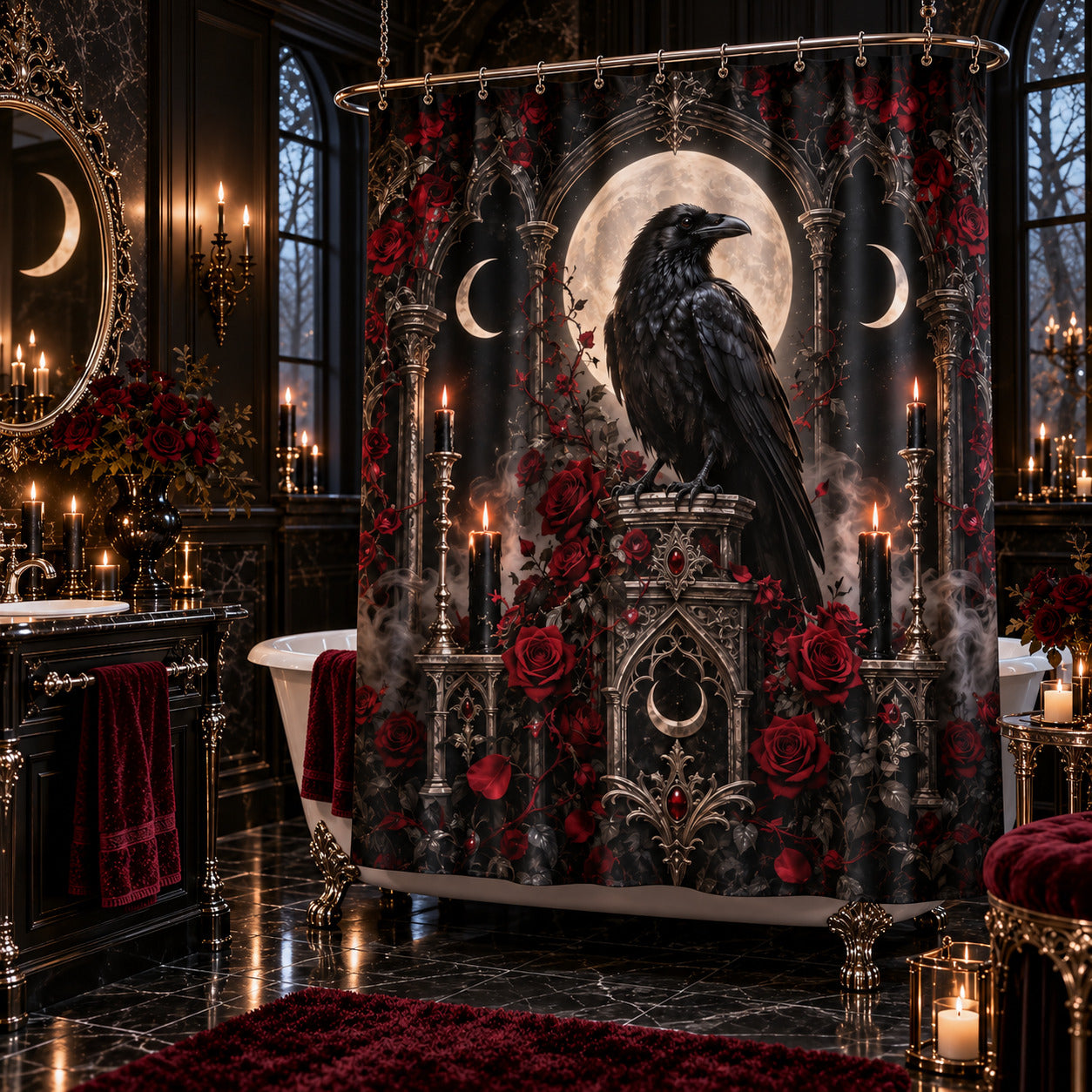 Raven Shower Curtain - Gothic Rose Moon Witchy Bathroom Decor, styled shot 2