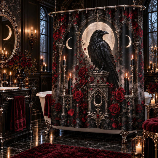 Raven Shower Curtain - Gothic Rose Moon Witchy Bathroom Decor, styled shot 2