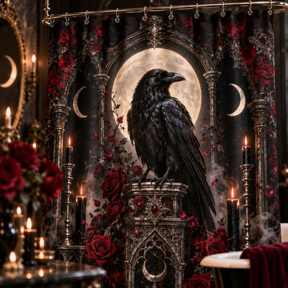 Raven Shower Curtain - Gothic Rose Moon Witchy Bathroom Decor, styled shot 3