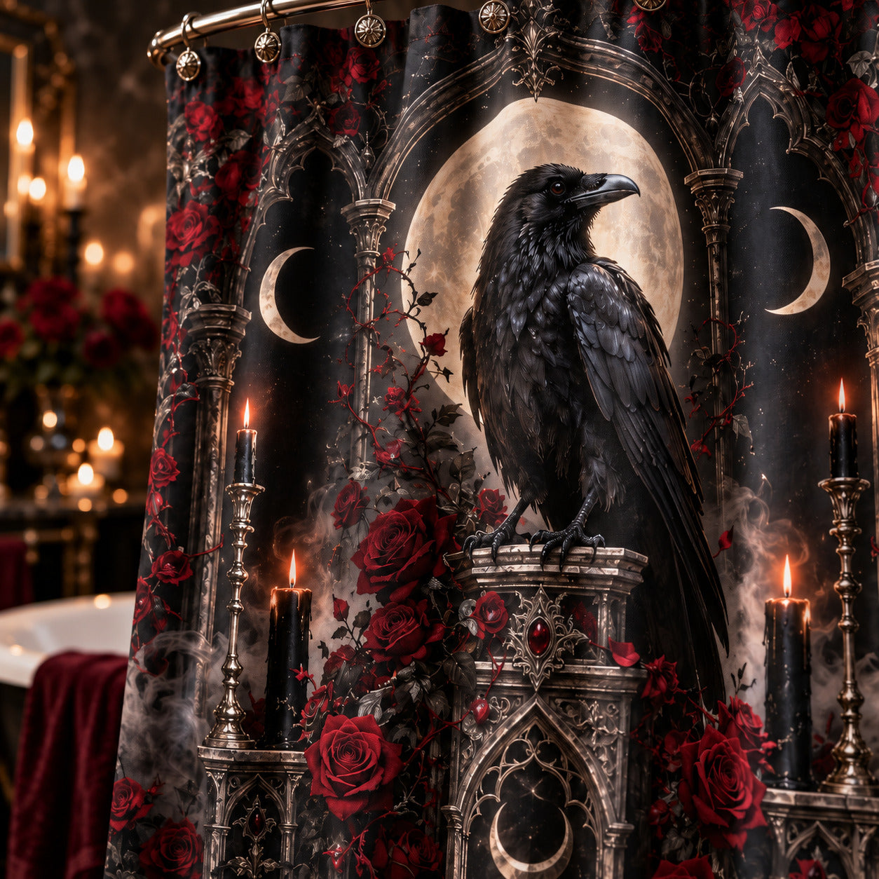 Raven Shower Curtain - Gothic Rose Moon Witchy Bathroom Decor, styled shot 4