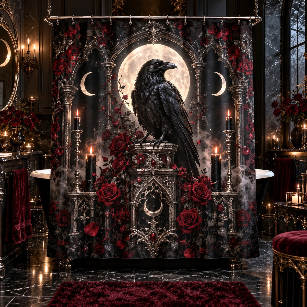 Raven Shower Curtain - Gothic Rose Moon Witchy Bathroom Decor
