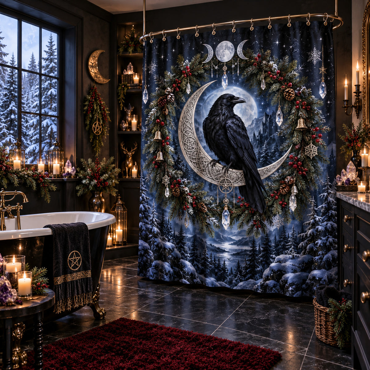 Raven Shower Curtain - Yule Moon Witchy Winter Wreath Decor, styled shot 2