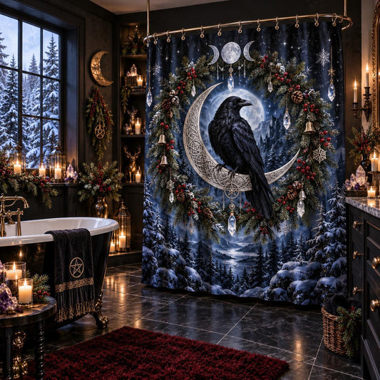Raven Shower Curtain - Yule Moon Witchy Winter Wreath Decor, styled shot 2