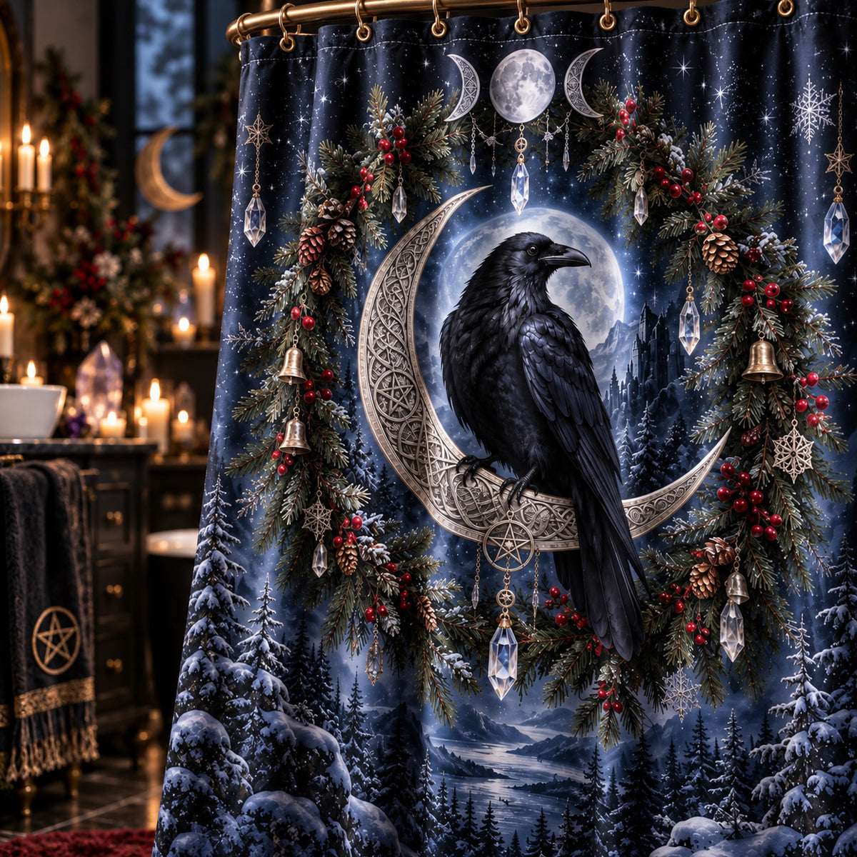 Raven Shower Curtain - Yule Moon Witchy Winter Wreath Decor, styled shot 4