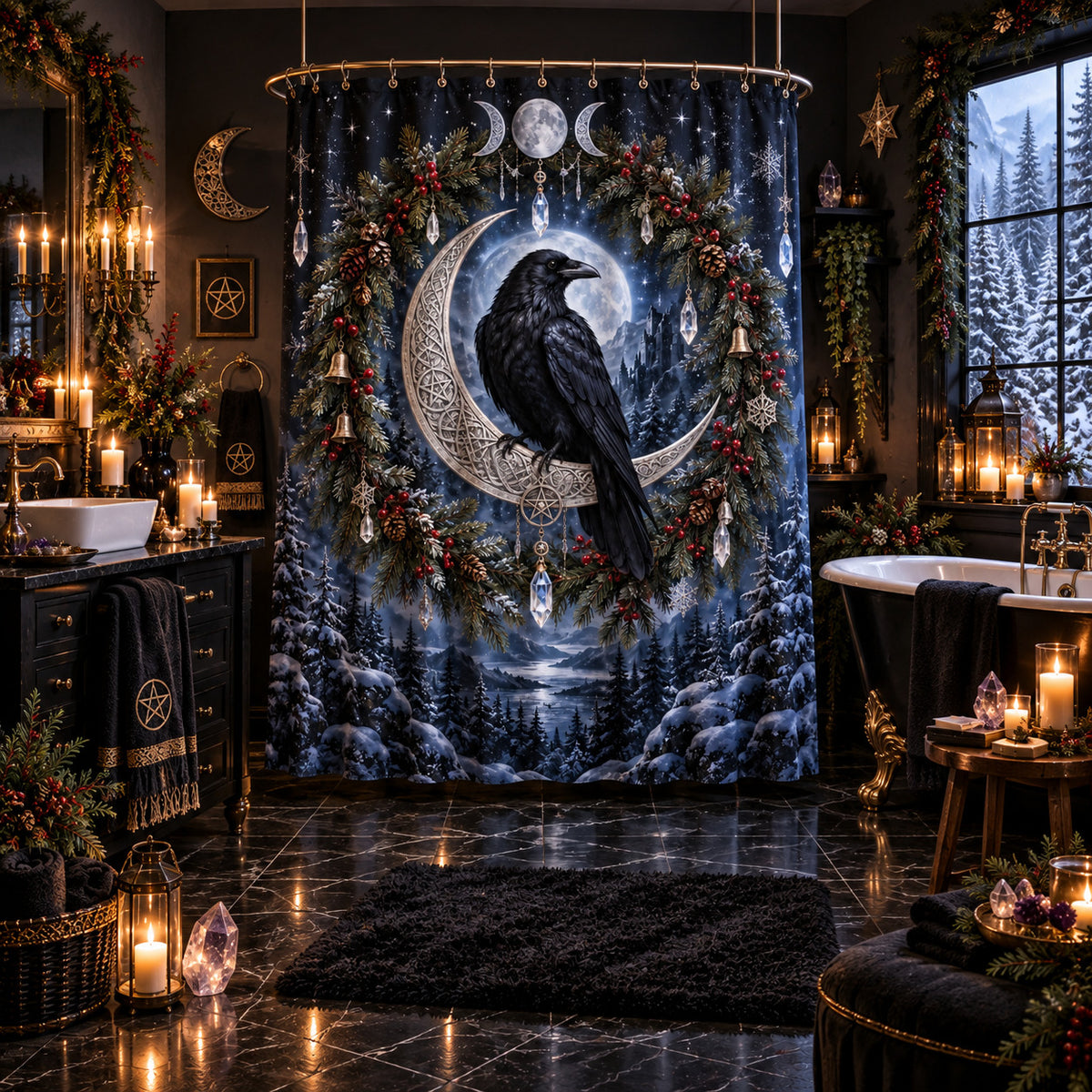 Raven Shower Curtain - Yule Moon Witchy Winter Wreath Decor, styled shot 5