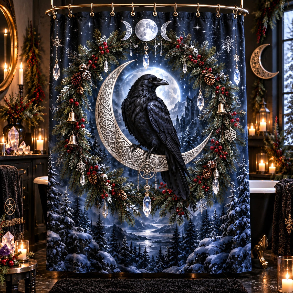 Raven Shower Curtain - Yule Moon Witchy Winter Wreath Decor