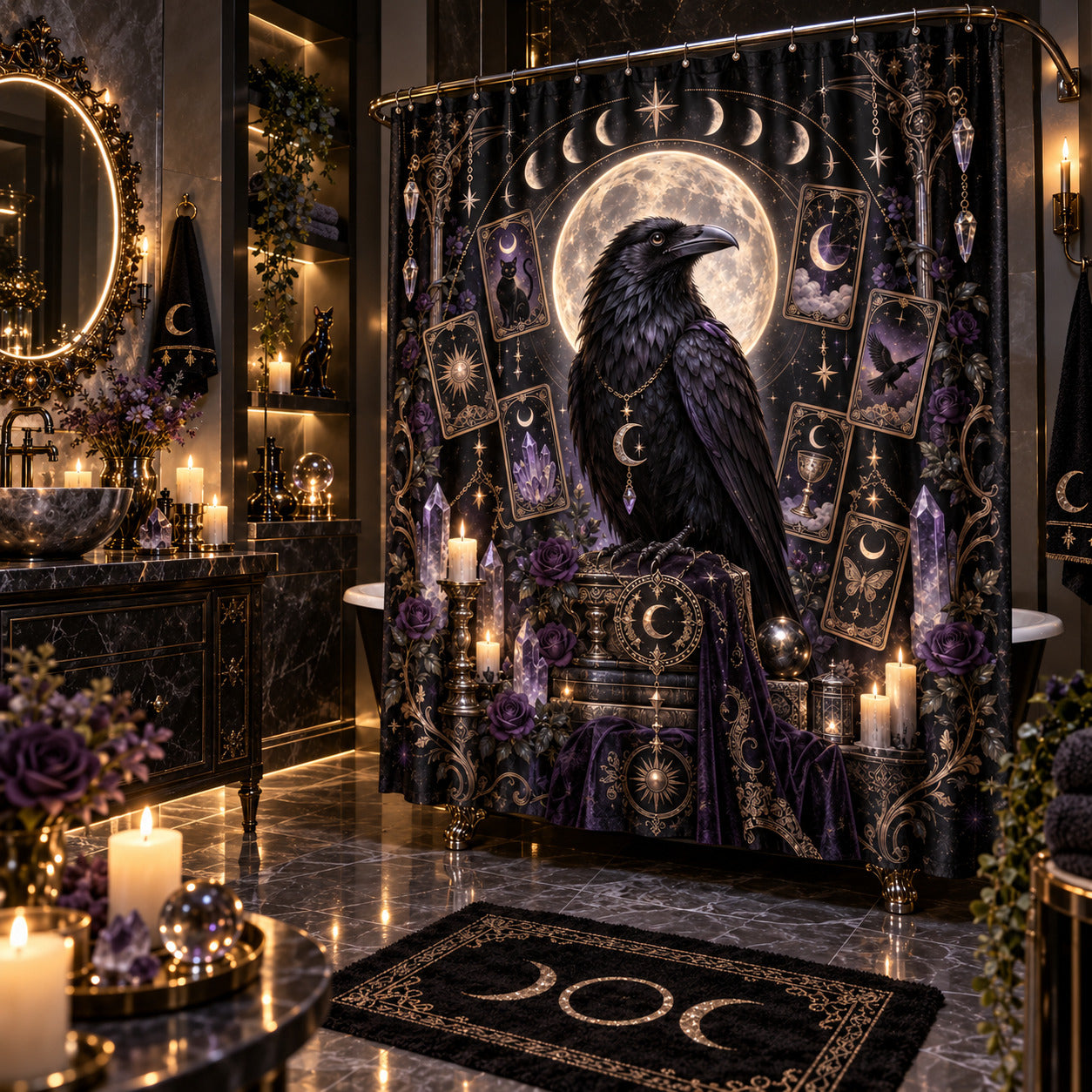 Raven Tarot Shower Curtain - Gothic Moon Celestial Decor, styled shot 2