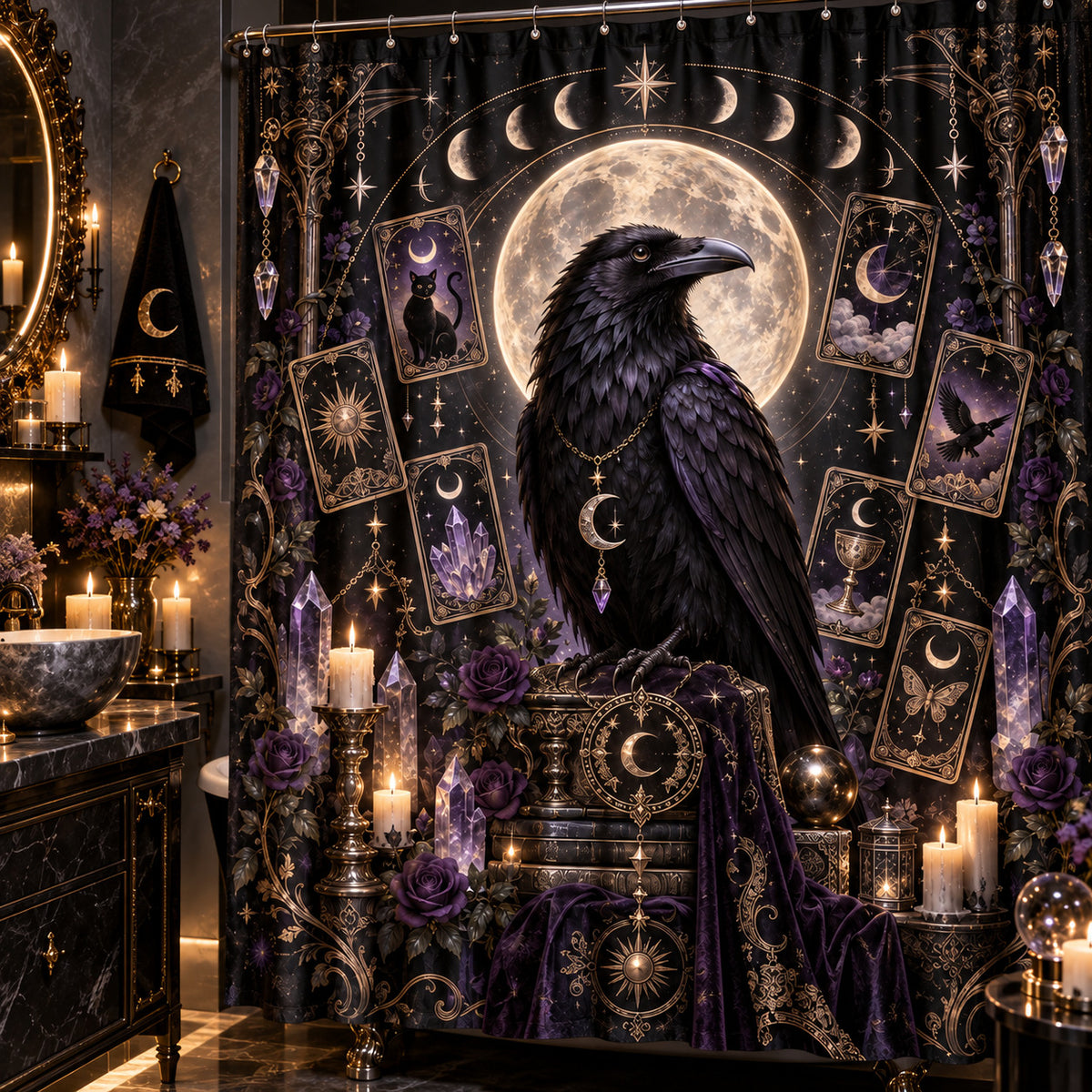 Raven Tarot Shower Curtain - Gothic Moon Celestial Decor, styled shot 3