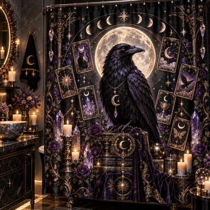 Raven Tarot Shower Curtain - Gothic Moon Celestial Decor, styled shot 3