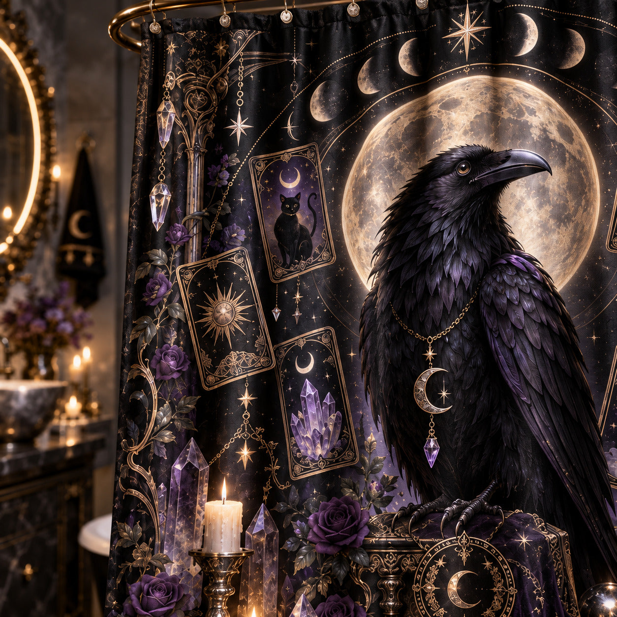 Raven Tarot Shower Curtain - Gothic Moon Celestial Decor, styled shot 4