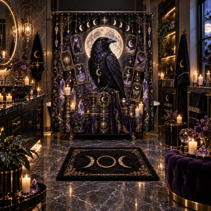 Raven Tarot Shower Curtain - Gothic Moon Celestial Decor, styled shot 5