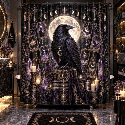 Raven Tarot Shower Curtain - Gothic Moon Celestial Decor