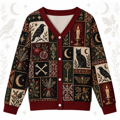 Raven Triple Moon Black Cat Samhain Cardigan for Women Red Patchwork, front view