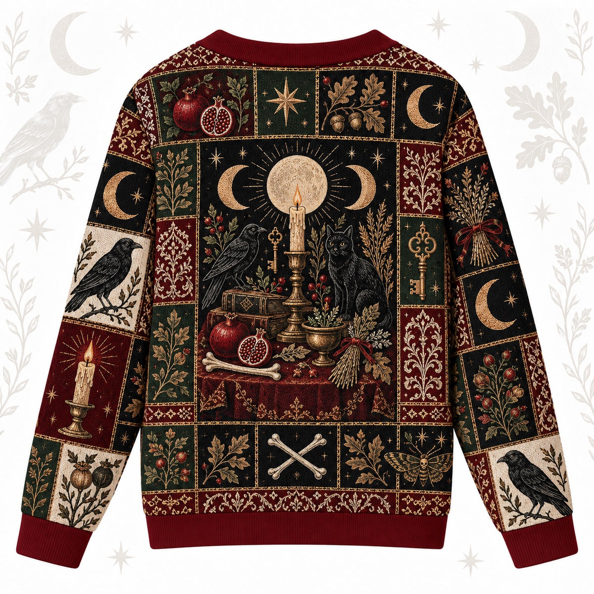 Raven Triple Moon Black Cat Samhain Cardigan for Women Red Patchwork, back view