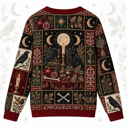 Raven Triple Moon Black Cat Samhain Cardigan for Women Red Patchwork, back view
