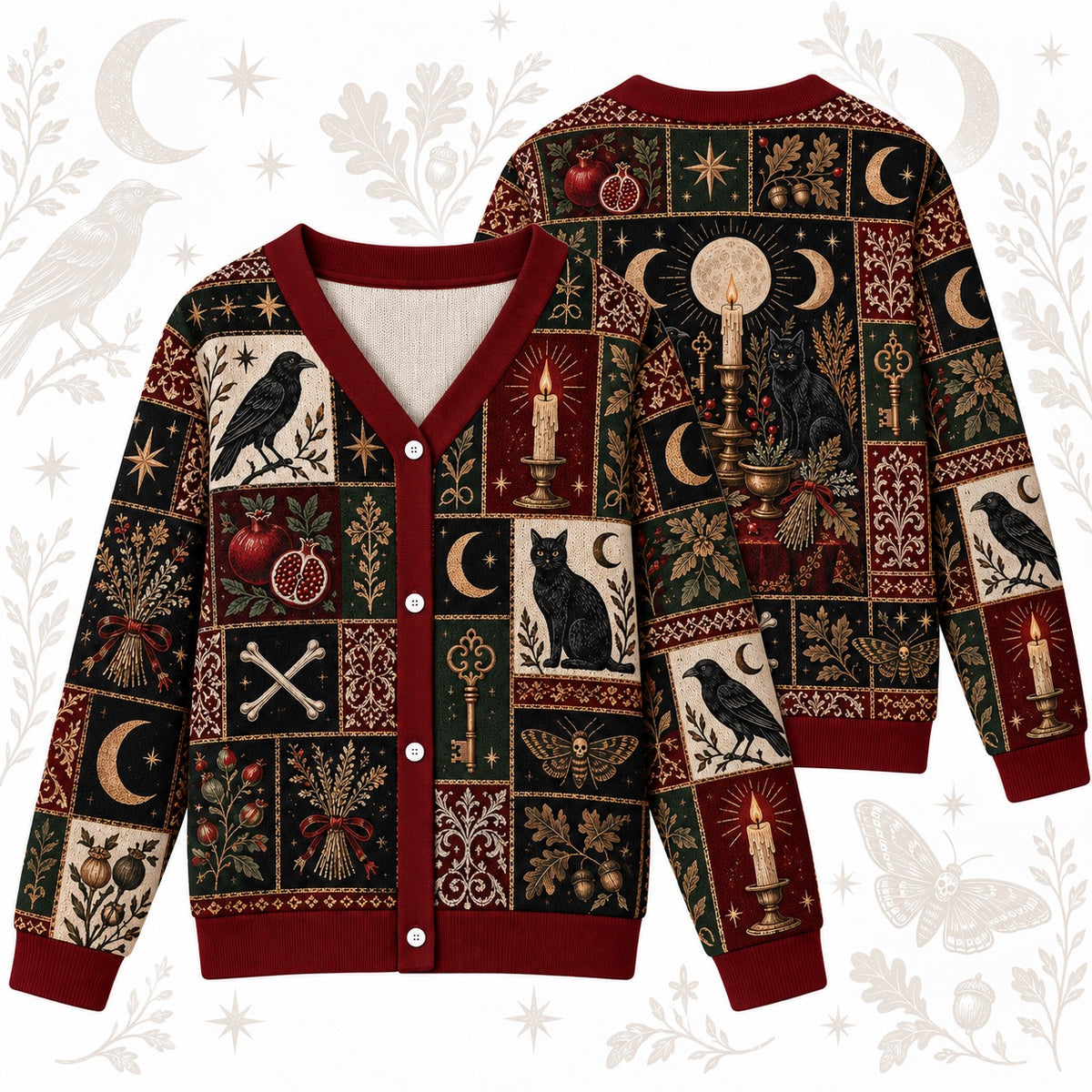 Raven Triple Moon Black Cat Samhain Cardigan for Women Red Patchwork, front and back shown together