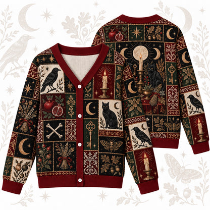 Raven Triple Moon Black Cat Samhain Cardigan for Women Red Patchwork, front and back shown together