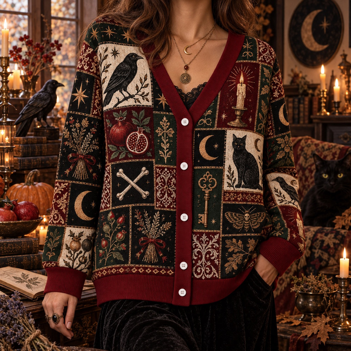 Raven Triple Moon Black Cat Samhain Cardigan for Women Red Patchwork, worn, front view
