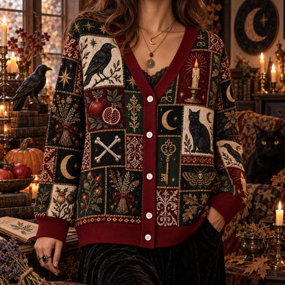 Raven Triple Moon Black Cat Samhain Cardigan for Women Red Patchwork, worn, front view