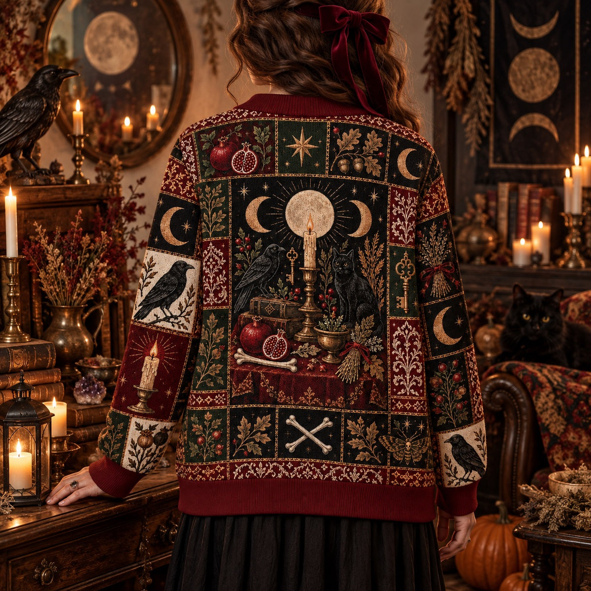 Raven Triple Moon Black Cat Samhain Cardigan for Women Red Patchwork, worn, back view