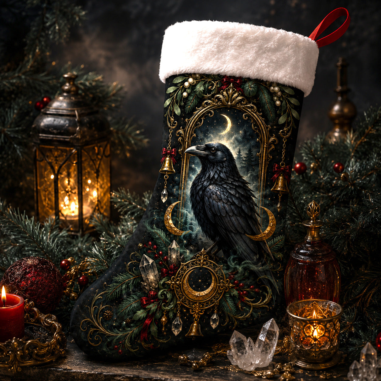 Raven Window Christmas Stocking Victorian Gothic Fireplace Decor, styled shot 2