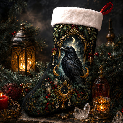 Raven Window Christmas Stocking Victorian Gothic Fireplace Decor, styled shot 2