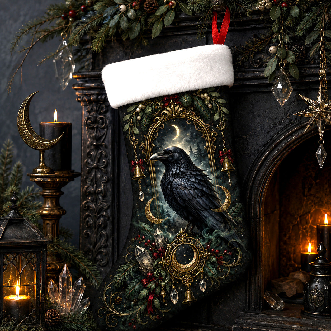 Raven Window Christmas Stocking Victorian Gothic Fireplace Decor, styled shot 3