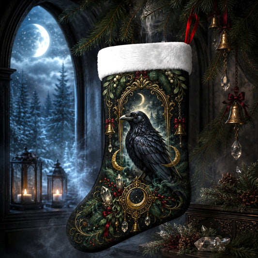 Raven Window Christmas Stocking Victorian Gothic Fireplace Decor, styled shot 4