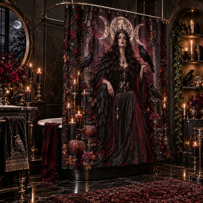 Raven Witch Shower Curtain - Samhain Gothic Goddess Decor, styled shot 2