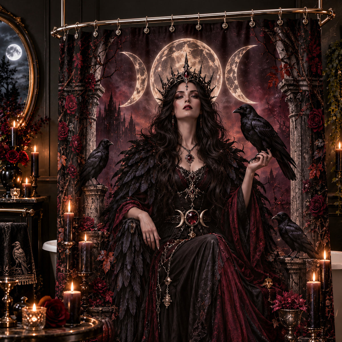 Raven Witch Shower Curtain - Samhain Gothic Goddess Decor, styled shot 3