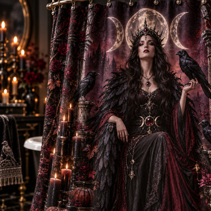 Raven Witch Shower Curtain - Samhain Gothic Goddess Decor, styled shot 4