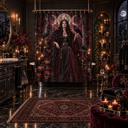 Raven Witch Shower Curtain - Samhain Gothic Goddess Decor, styled shot 5