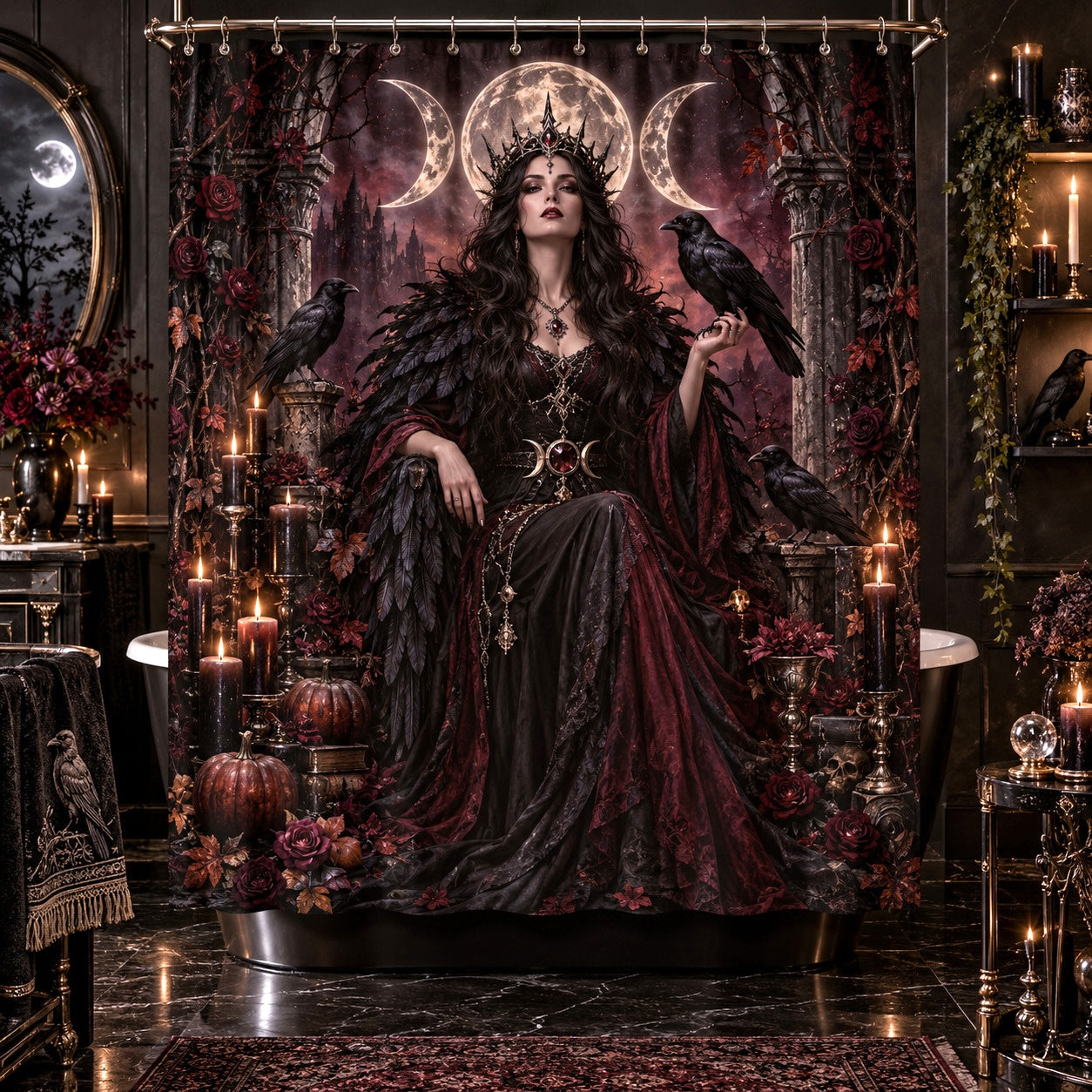 Raven Witch Shower Curtain - Samhain Gothic Goddess Decor