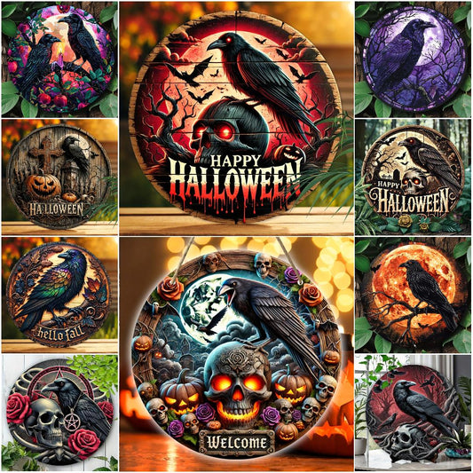 Gothic Dark Crow Wall Art Witchy Raven Metal Sign for Halloween Decorations