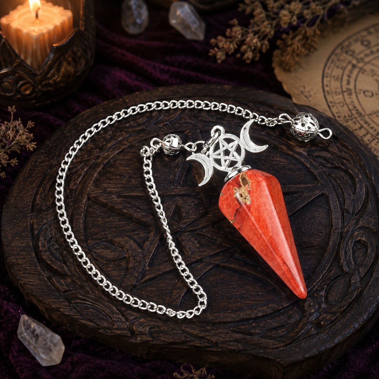 Red jade Triple Moon crystal pendulum on a Wiccan ritual altar