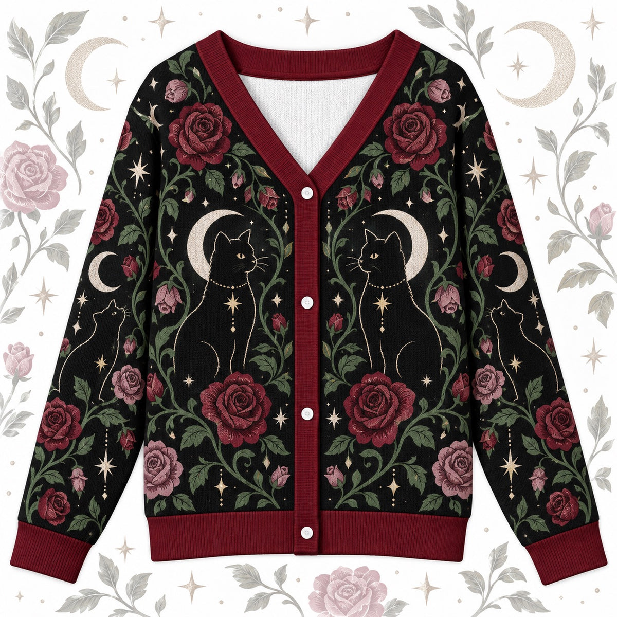 Red Rose Black Cat Crescent Moon Witchy Cardigan for Women Dark Floral, front view