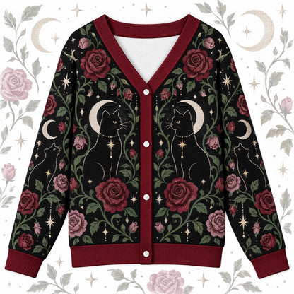 Red Rose Black Cat Crescent Moon Witchy Cardigan for Women Dark Floral, front view