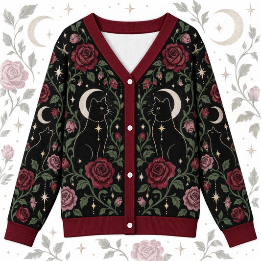 Red Rose Black Cat Crescent Moon Witchy Cardigan for Women Dark Floral, front view
