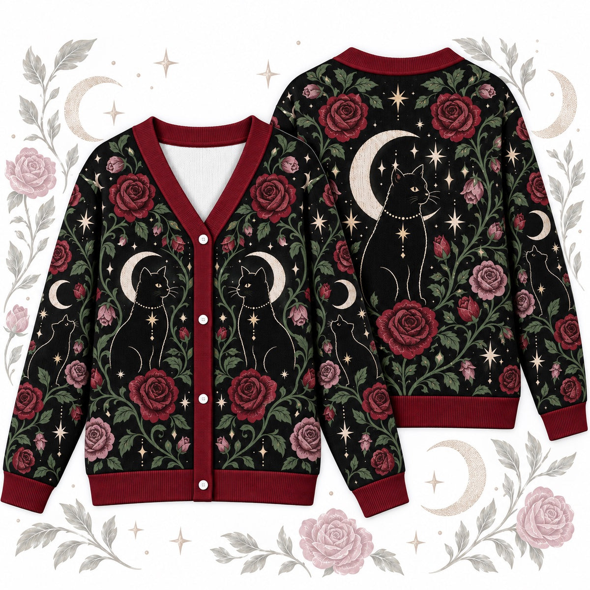 Red Rose Black Cat Crescent Moon Witchy Cardigan for Women Dark Floral, front and back shown together