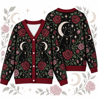 Red Rose Black Cat Crescent Moon Witchy Cardigan for Women Dark Floral, front and back shown together