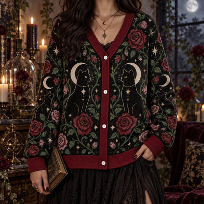 Red Rose Black Cat Crescent Moon Witchy Cardigan for Women Dark Floral, worn, front view