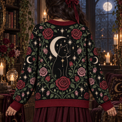 Red Rose Black Cat Crescent Moon Witchy Cardigan for Women Dark Floral, worn, back view