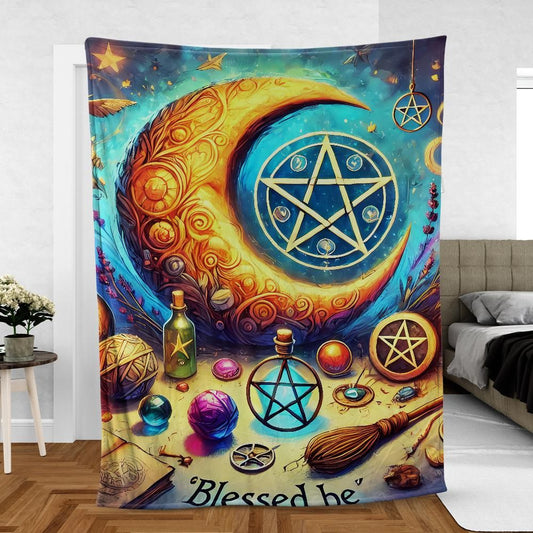 Wiccan Pentacle Moon Blanket – Mystical Pagan Home Decor with Cosmic Energy
