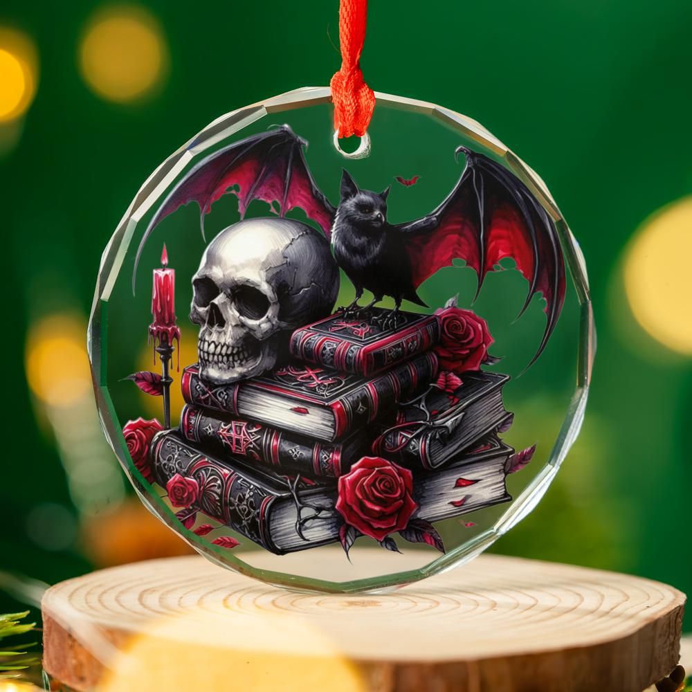 Skull Bat on Spell Books Glass Ornament Gothic Christmas Tree Ornament-MoonChildWorld