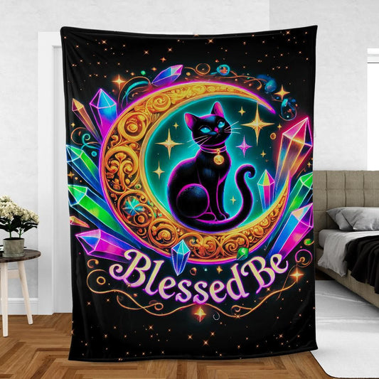 Black Cat Moon Blanket – Mystical Gothic Throw for Wiccan Altars & Sacred Spaces