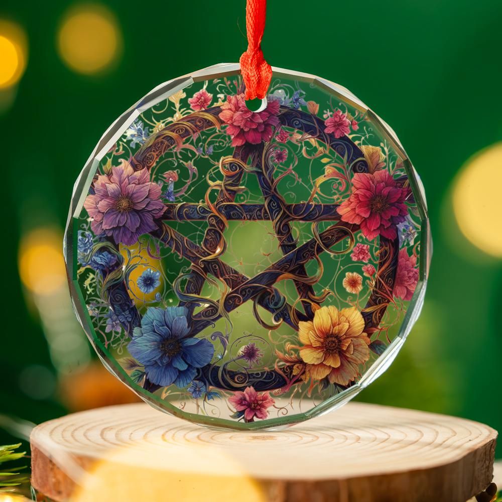 Floral Pentacle Glass Ornament Pagan Christmas Ornament-MoonChildWorld