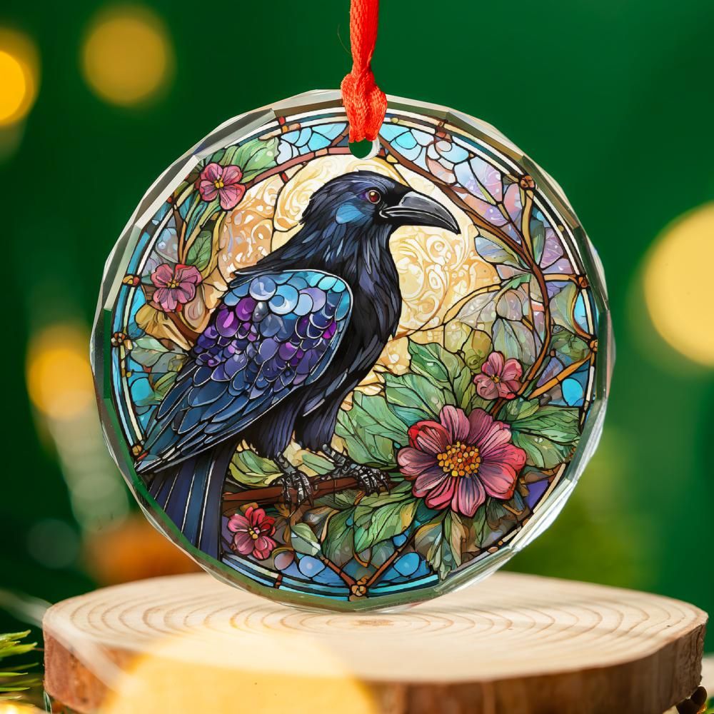 Dark Crow Glass Ornament Black Raven Christmas Tree Ornament-MoonChildWorld