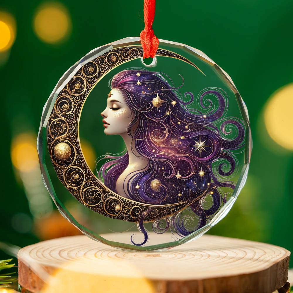 Star Moon Goddess Celestial Glass Ornament Pagan Christmas Ornament-MoonChildWorld