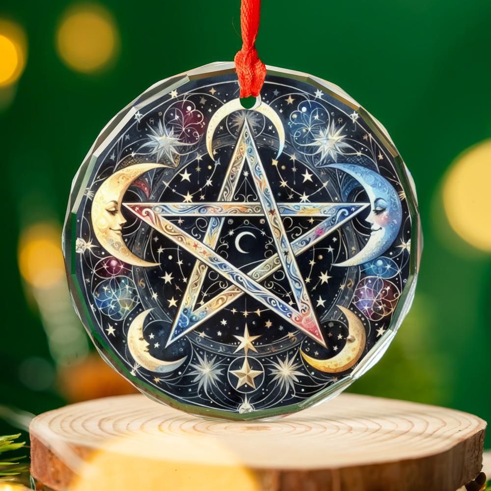 Moon Pentagram Glass Ornament Pagan Wicca Christmas Tree Ornament-MoonChildWorld