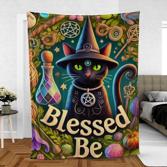 Witchy Black Cat Blanket – Enchanted Pagan Home Decor for Spellbinding Vibes